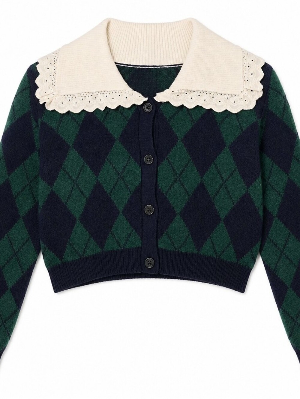 BSVEEII Argyle Cropped Cardigan Asian XL Green Navy Lace Peter Pan Collar Coquet